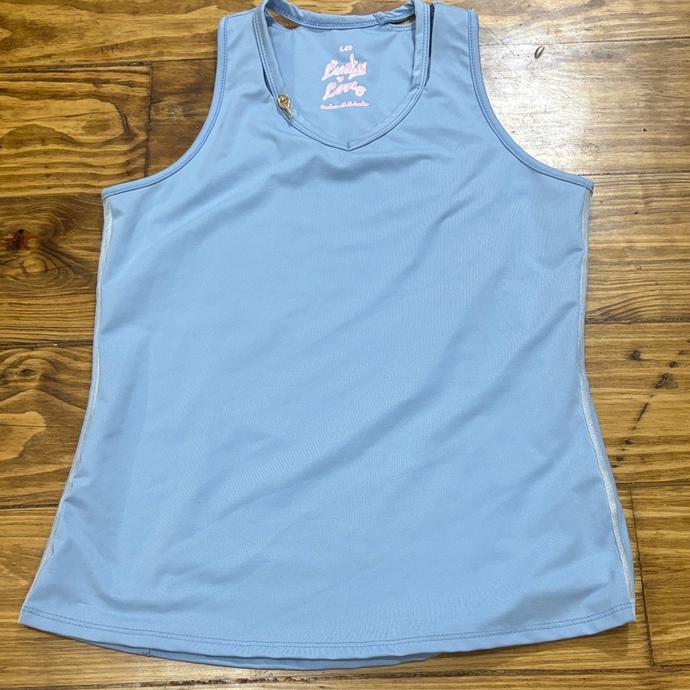 Lucky in Love Girls Size Large (14) Blue Tennis Top with Gold Tennis Charm